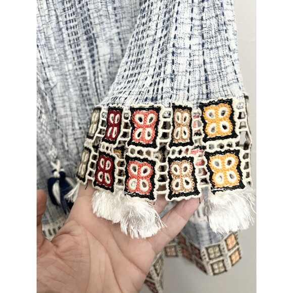 John Mark Top Shirt Small Blue Boho Embroidered Crochet Pullover Tunic Tassel - Picture 5 of 9